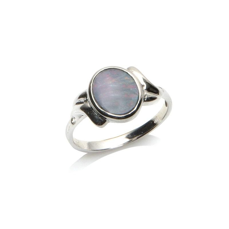 Ring with blue opal doublet from Australia, in rhodium-plated silver 925