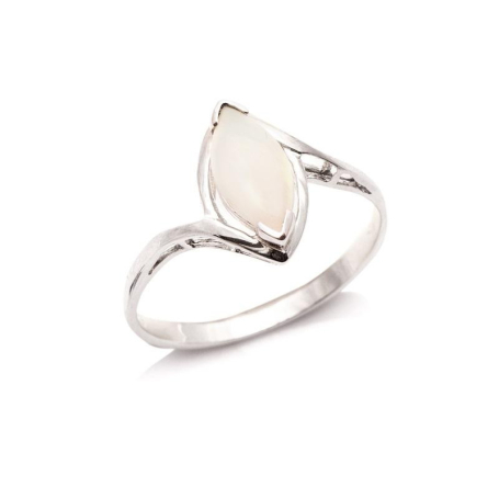 Ring with natural white opal from Australia navette, in rhodium-plated silver 925