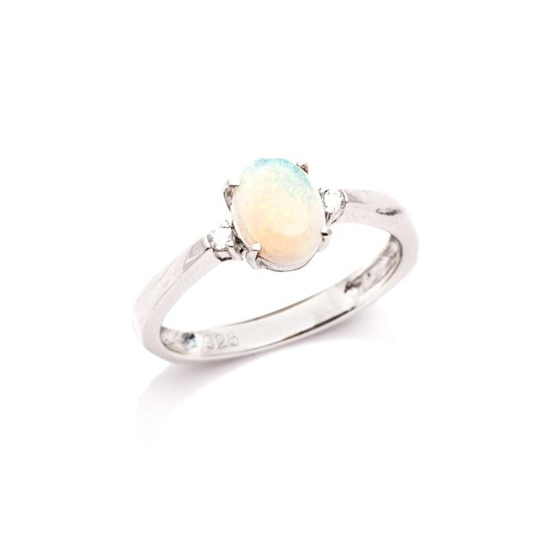 Inel cu opal oval și oxid de zirconiu, din argint 925 placat cu rodiu