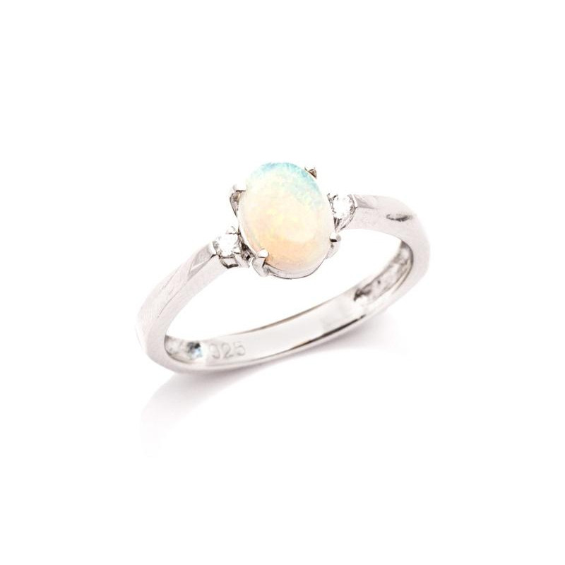 Ring with oval opal and zirconium oxide, in rhodium-plated silver 925