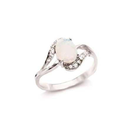 Oval opal ve zirkonyum oksitli yüzük, 925 rodyum kaplama gümüş