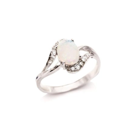 Ring met ovale opaal en zirkoniumoxide, in gerhodineerd zilver 925