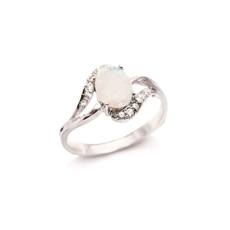 Ring mit ovalem Opal und Zirkonoxid, aus rhodiniertem Silber 925