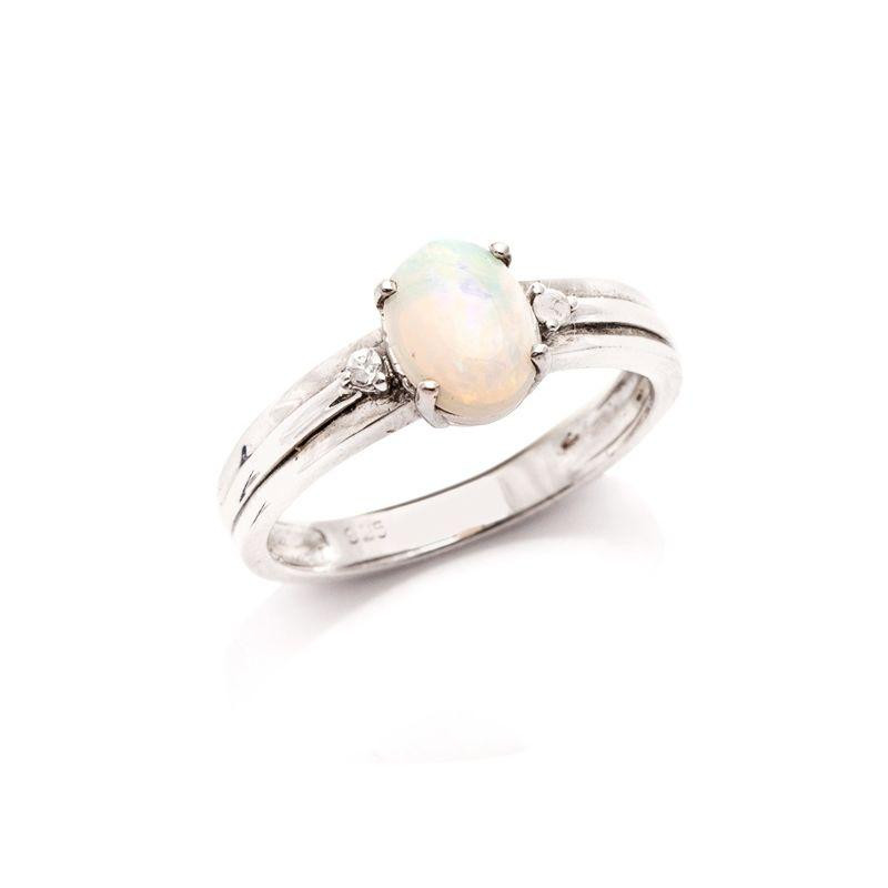 Bague avec opale blanche naturelle d'Australie ovale, en argent rhodié 925