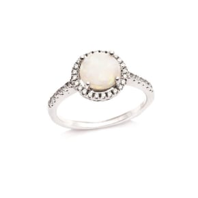 Bague avec opale ronde et oxyde de zirconium, en argent rhodié 925