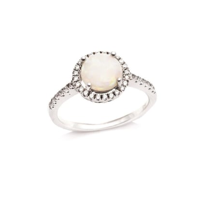 Anillo con ópalo redondo y óxido de circonio, en plata 925 rodiada