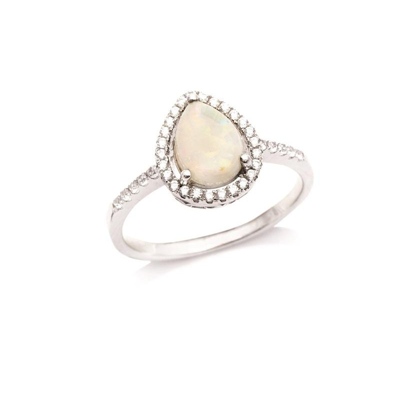 Bague avec opale goutte et oxyde de zirconium, en argent rhodié 925