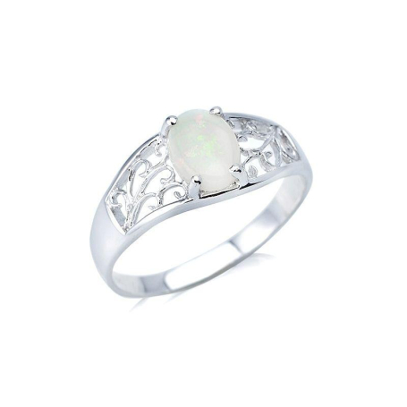 Bague avec opale blanche naturelle d'Australie ovale, en argent rhodié 925