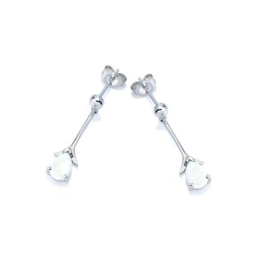 Cercei suspendati cu opal alb oval, din argint 925 placat cu rodiu