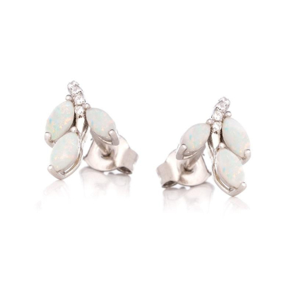 Clous d'oreilles avec opale navette et oxyde de zirconium, en argent rhodié 925
