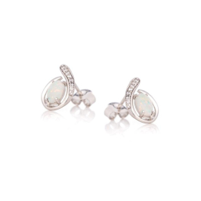 Cercei tip știft cu opal oval și oxid de zirconiu, din argint placat cu rodiu 925