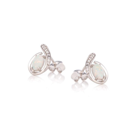 Stud earrings with oval opal and zirconium oxide, in rhodium-plated silver 925