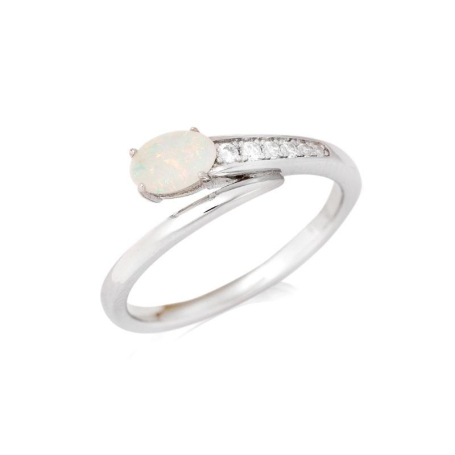 Ring with oval opal and zirconium oxide, in rhodium-plated silver 925