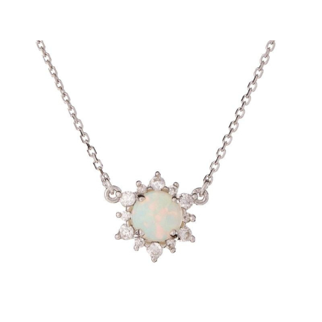 Collier avec opale ronde et oxyde de zirconium, en argent rhodié 925, 40 +3 cm