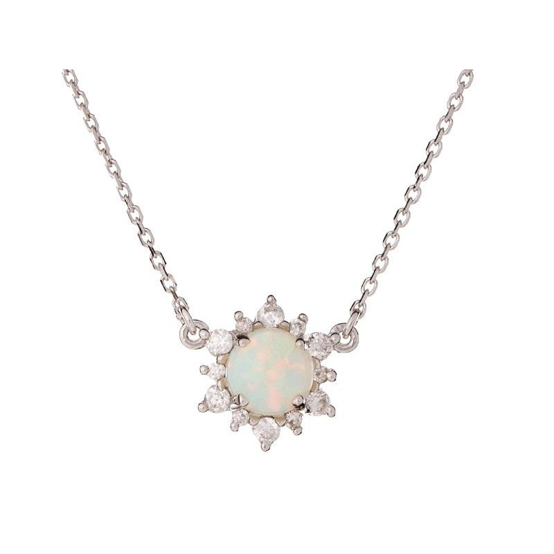 Necklace with round opal and zirconium oxide, in rhodium-plated silver 925, 40 +3 cm