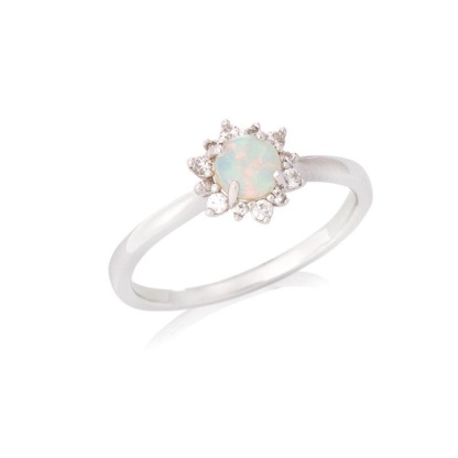 Ring with round opal and zirconium oxide, in rhodium-plated silver 925