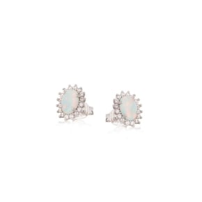 Clous d'oreilles avec opale ovale et oxyde de zirconium, en argent rhodié 925