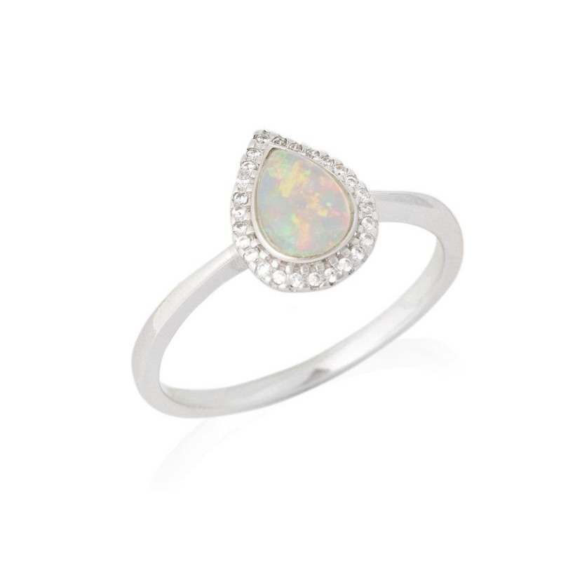 Ring with drop opal and zirconium oxide, in rhodium-plated silver 925