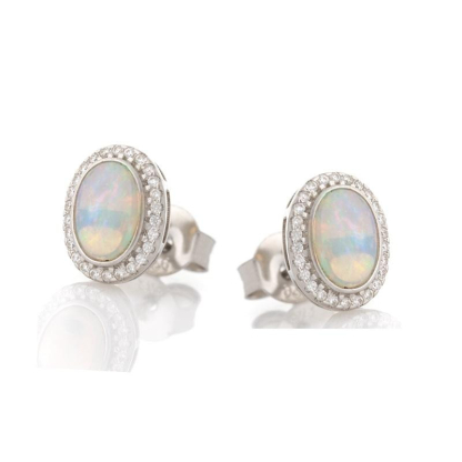 Earrings with oval opal and zirconium oxide, in rhodium-plated silver 925