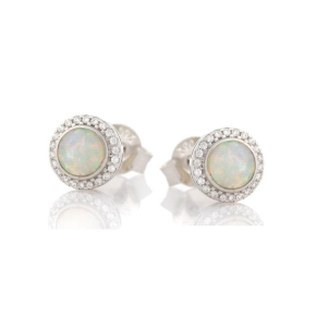 Cercei cu opal rotund și oxid de zirconiu, din argint 925 placat cu rodiu