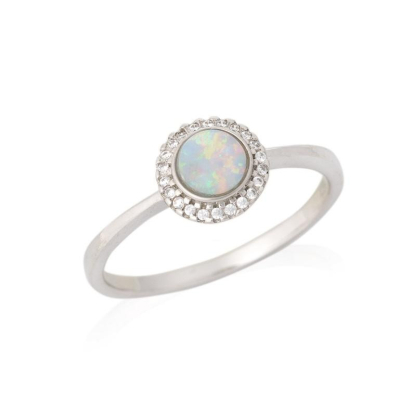 Ring with round opal and zirconium oxide, in rhodium-plated silver 925