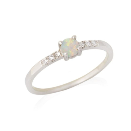 Ring with round opal and zirconium oxide, in rhodium-plated silver 925