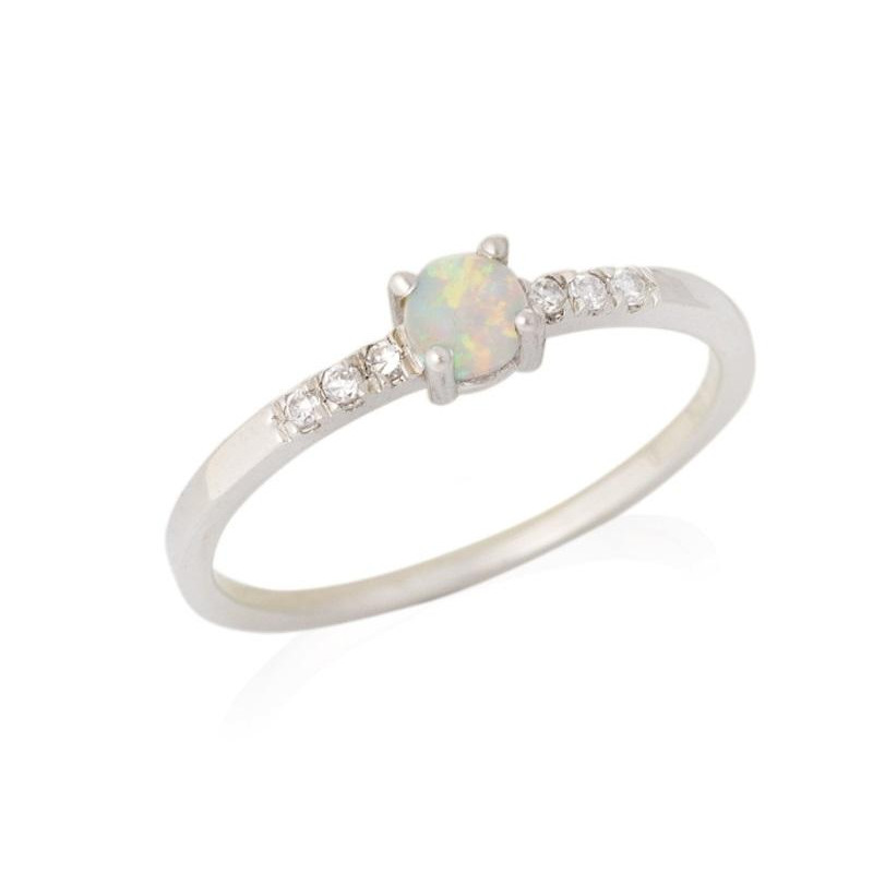 Bague avec opale ronde et oxyde de zirconium, en argent rhodié 925