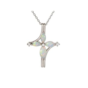 Pendentif croix avec opale et oxyde de zirconium, argent rhodié 925, 2,5 cm