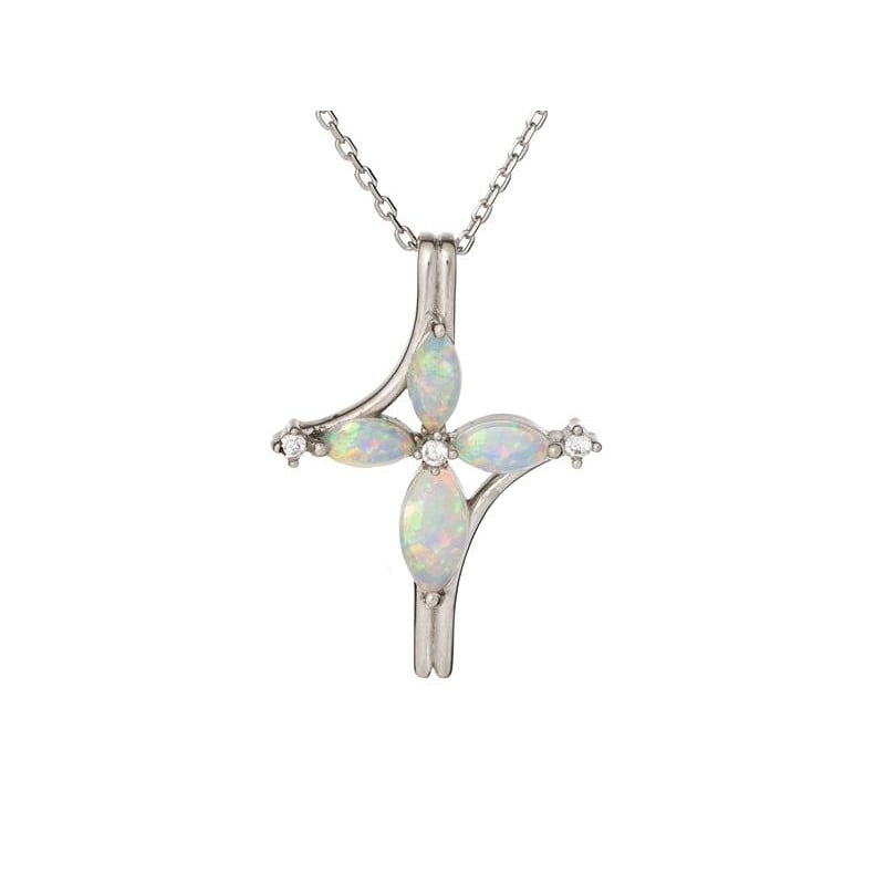 Pendentif croix avec opale et oxyde de zirconium, argent rhodié 925, 2,5 cm
