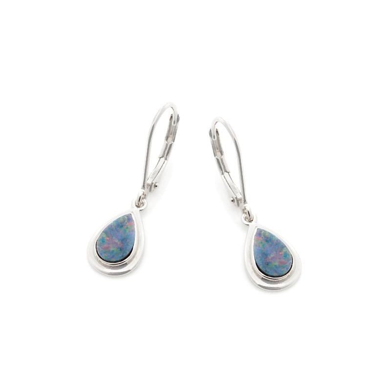 Boucles d'oreilles avec opale bleue doublet goutte, en argent rhodié 925