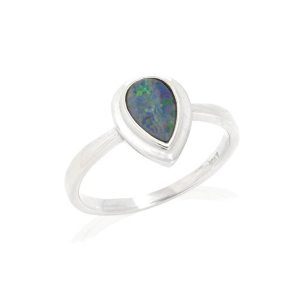 Ring with blue opal doublet from Australia drop, in rhodium silver 925