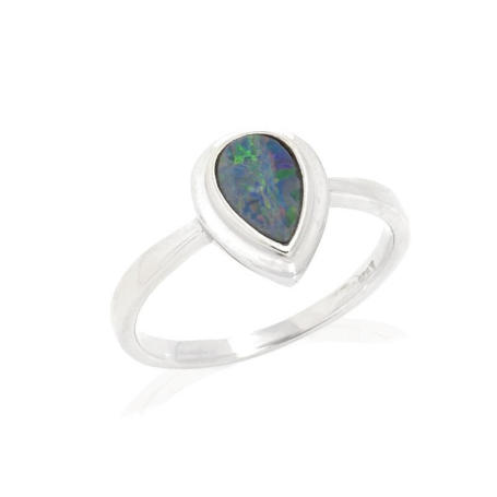 Bague avec opale bleue doublet d'Australie goutte, en argent rhodié 925