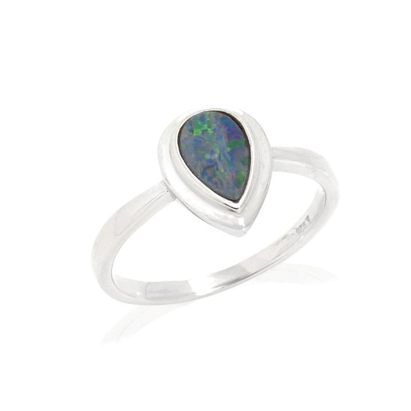 Ring met Australische doublet blauwe opaaldruppel, in 925 gerhodineerd zilver