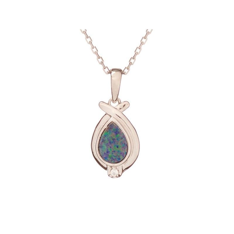 Pendentif avec opale bleue doublet d'Australie goutte, en argent rhodié 925