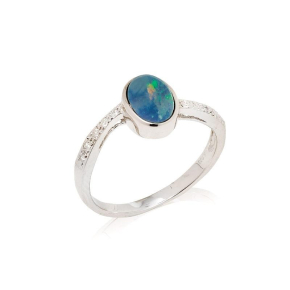 Ring with oval Australian doublet blue opal, in 925 rhodium silver