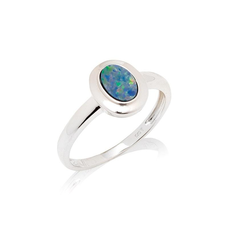 Bague avec opale bleue doublet d'Australie ovale, en argent rhodié 925