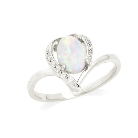 Ring with oval opal and zirconium oxide, in rhodium-plated silver 925