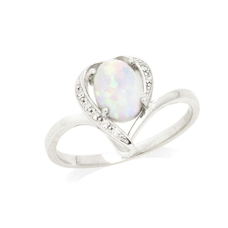 Ring met ovale opaal en zirkoniumoxide, in gerhodineerd zilver 925
