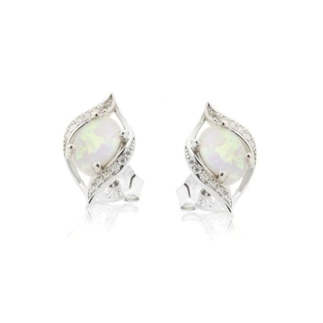 Cercei cu opal oval și oxid de zirconiu, din argint placat cu rodiu 925