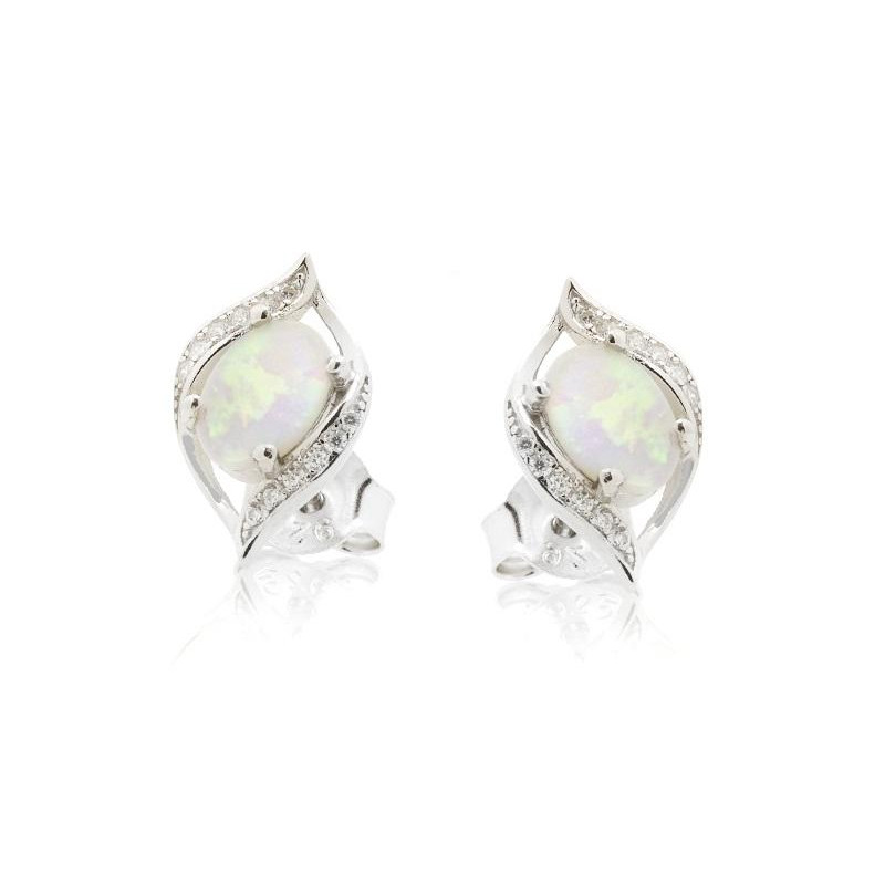 Boucles d'oreilles avec opale ovale et oxyde de zirconium, en argent rhodié 925