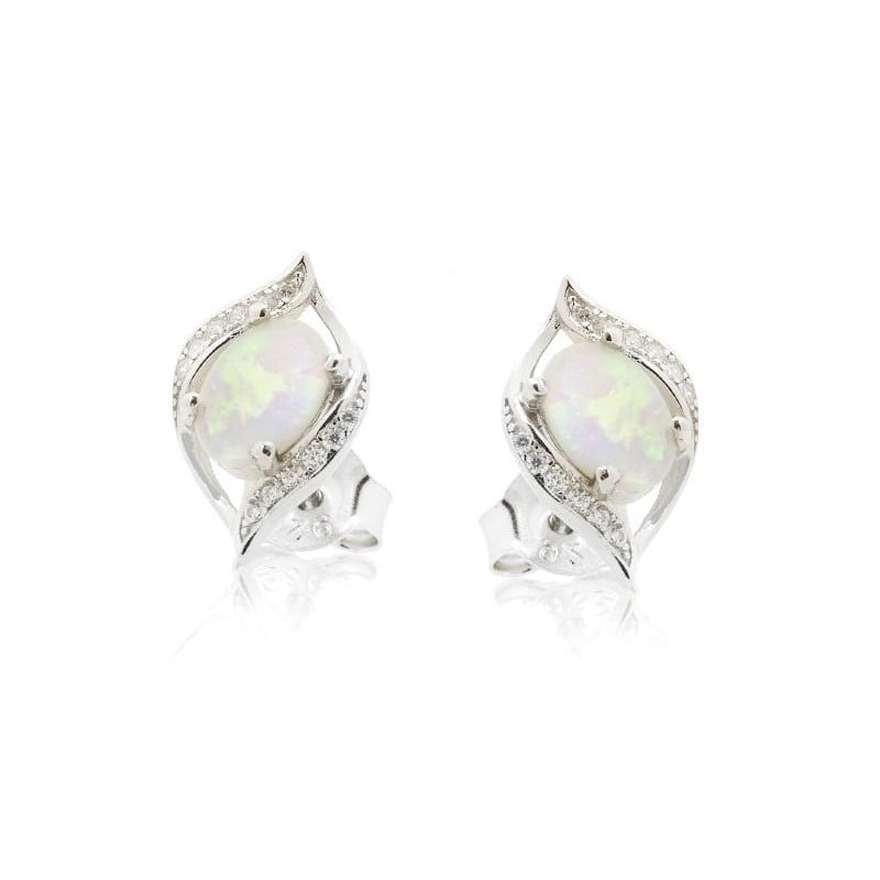 Oval opal ve zirkonyum oksitli küpeler, 925 rodyum kaplama gümüş