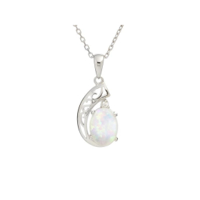 Pandantiv cu opal alb oval, din argint 925 rodiu, inaltime 1,5+0,6 cm