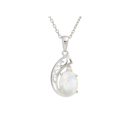 Pandantiv cu opal alb oval, din argint 925 rodiu, inaltime 1,5+0,6 cm
