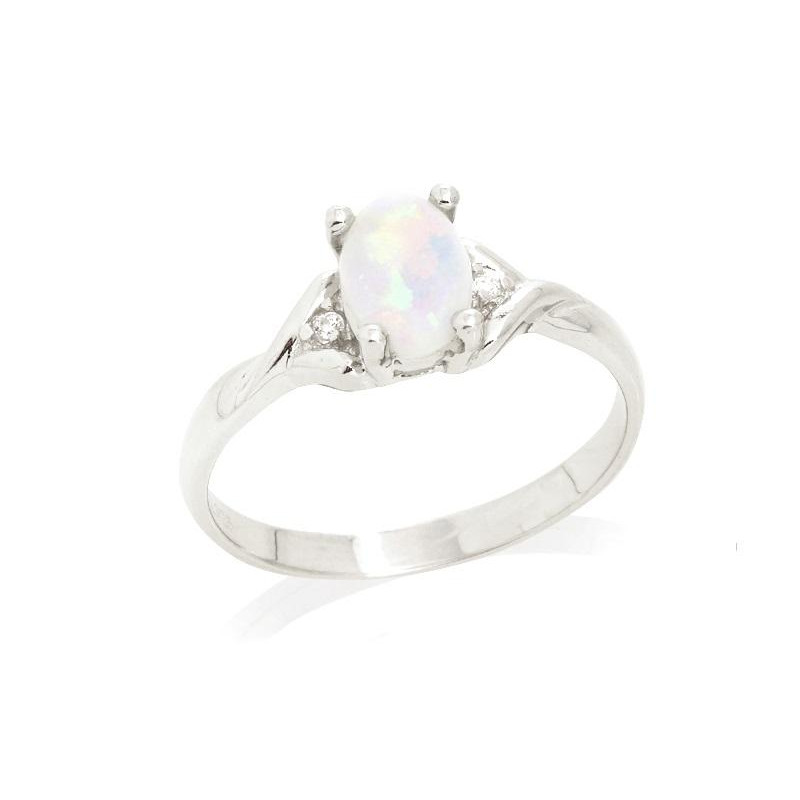 Inel cu opal natural oval alb australian, din argint 925 placat cu rodiu