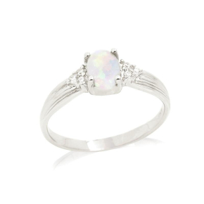 Inel cu opal natural oval alb australian, din argint 925 placat cu rodiu