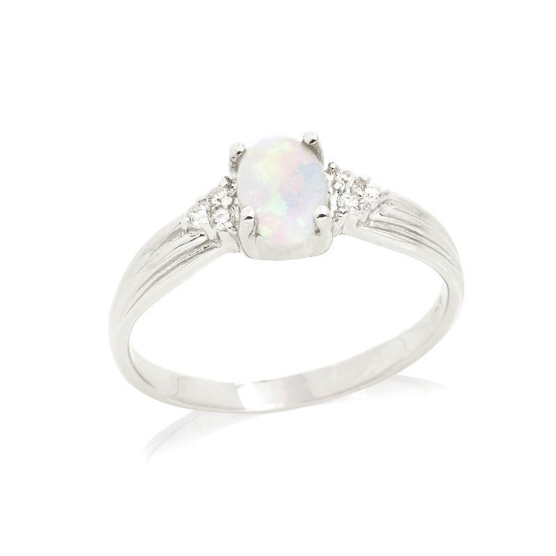 Inel cu opal natural oval alb australian, din argint 925 placat cu rodiu