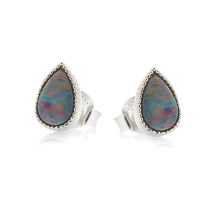 Boucles d'oreilles avec opale bleue doublet goutte, en argent rhodié 925
