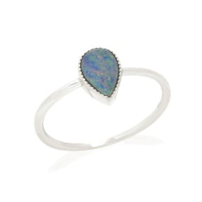 Ring with blue opal doublet from Australia drop, in rhodium silver 925
