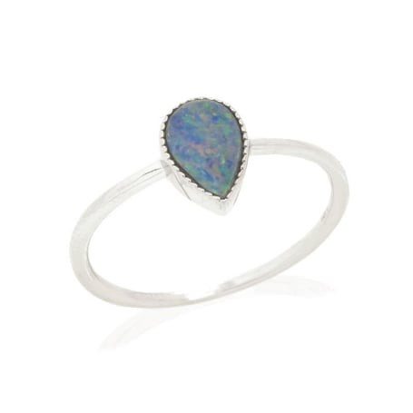 Anello con goccia di opale blu doppietto australiano, in argento 925 rodiato