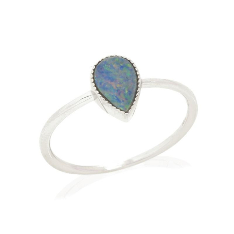 Bague avec opale bleue doublet d'Australie goutte, en argent rhodié 925